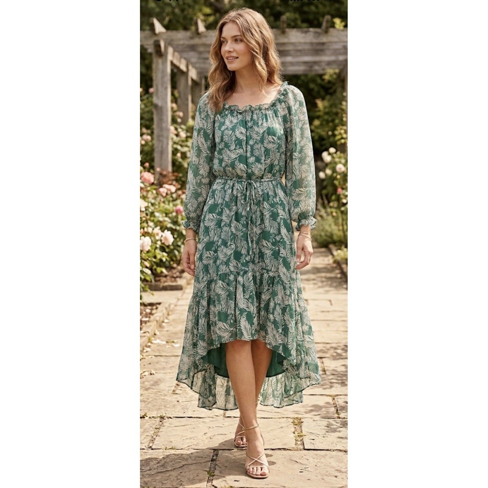 Diane von Furstenberg green palm-print silk dress Size 4 Off Shoulder Drawstring